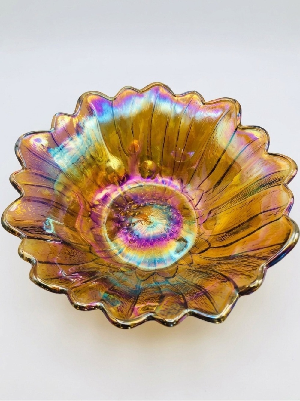 Indiana Carnival Glass Lily Pons Sunflower Bowl Vintage 70s Iridescent Amber